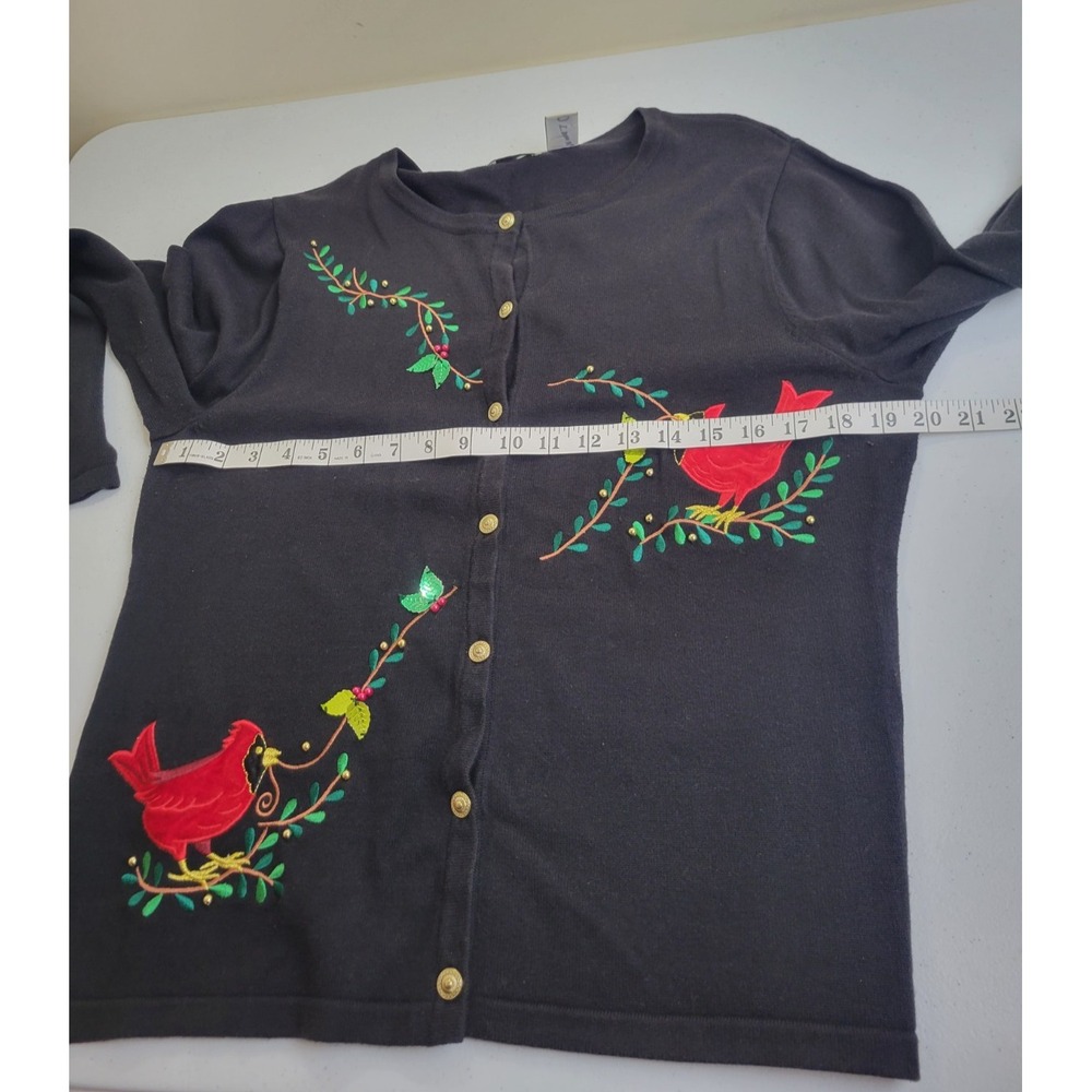Vtg Classic Elements Cardigan Sweater Bird Embroidered Holiday Xmas Black Large - Picture 6 of 11